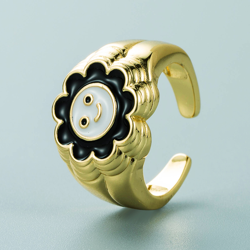 Fashion Copper Gold-plated Color Drip Oil Ring Sunflower Smiley Shape Open Ring display picture 4