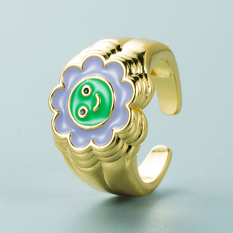 Anillo De Aceite De Goteo De Color Chapado En Oro De Cobre De Moda Anillo Abierto De Forma Sonriente De Girasol display picture 5