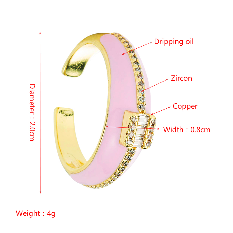 Mode Kupfer Mikroverkrusteter Zirkon Farbe Öltropfen Ring Einfacher Geometrischer Offener Ring Mit Weitem Gesicht display picture 1