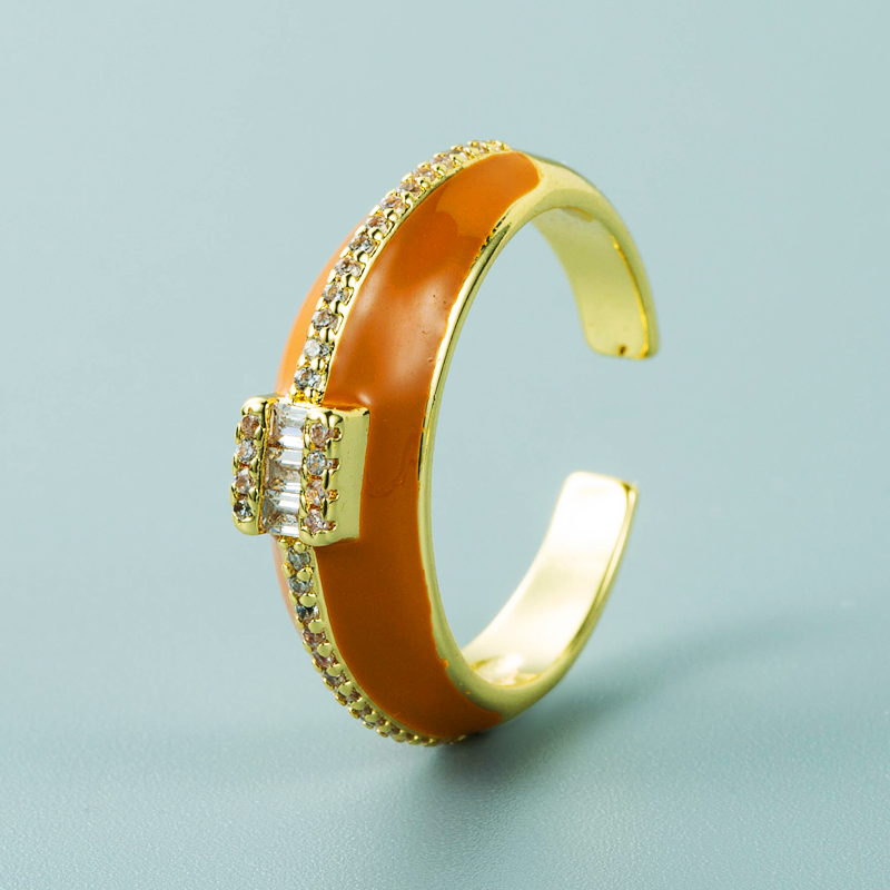 Fashion Copper Micro-encrusted Zircon Color Oil Drop Ring Simple Geometric Wide Face Open Ring display picture 4