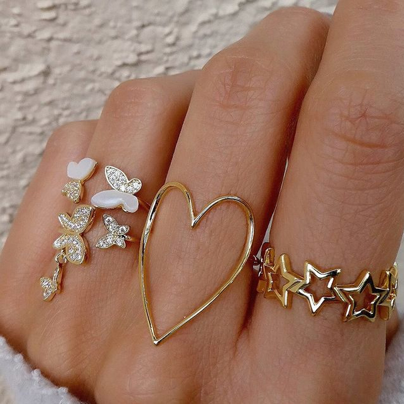 Diamond Butterfly Heart Star Ring 4 Set display picture 1