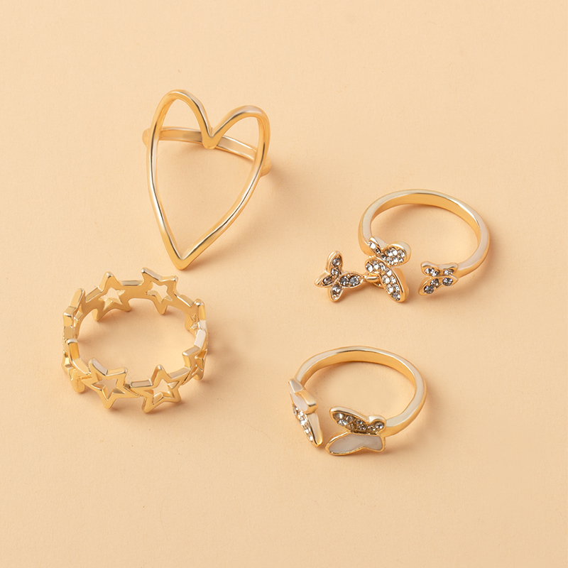 Diamond Butterfly Heart Star Ring 4 Set display picture 2