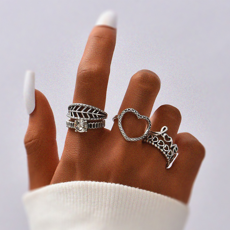 Simple Letter Heart Hollow Leaf Ring 6 Set display picture 1
