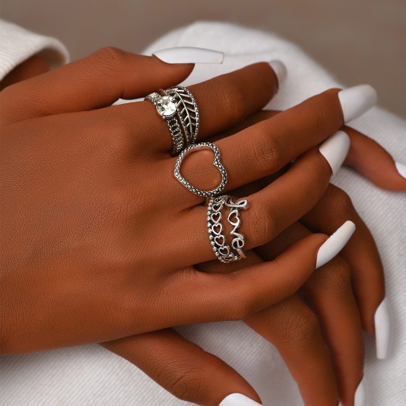 Simple Letter Heart Hollow Leaf Ring 6 Set display picture 2