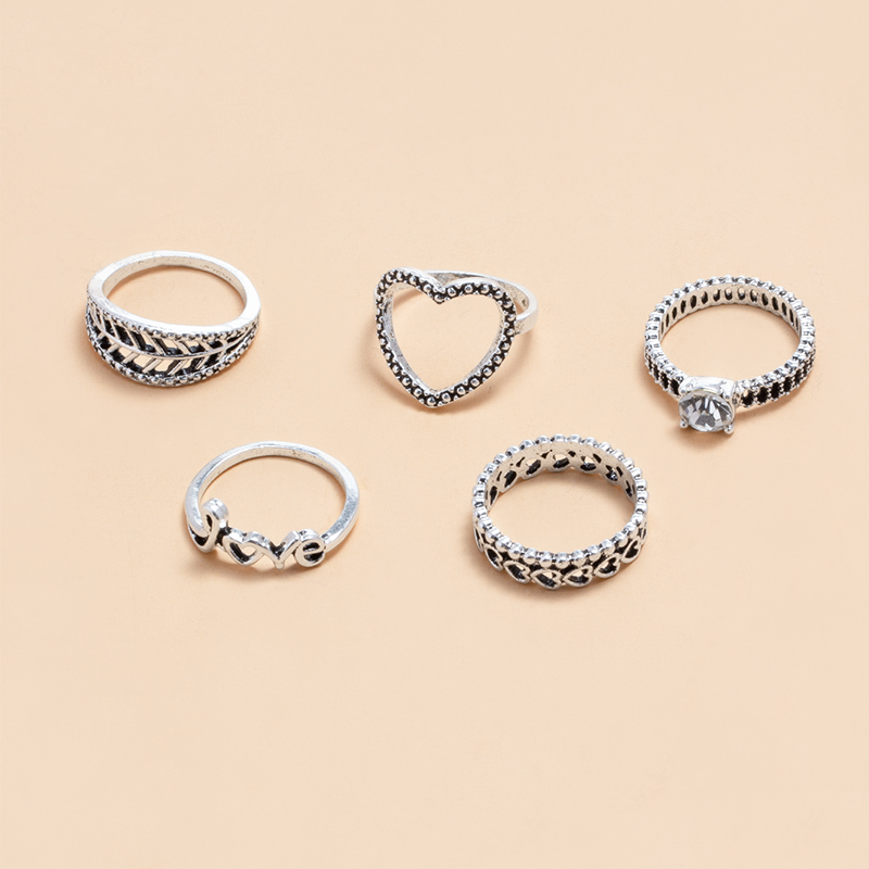 Simple Letter Heart Hollow Leaf Ring 6 Set display picture 5