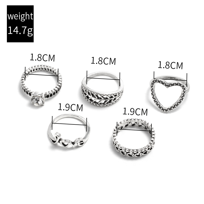 Simple Letter Heart Hollow Leaf Ring 6 Set display picture 7
