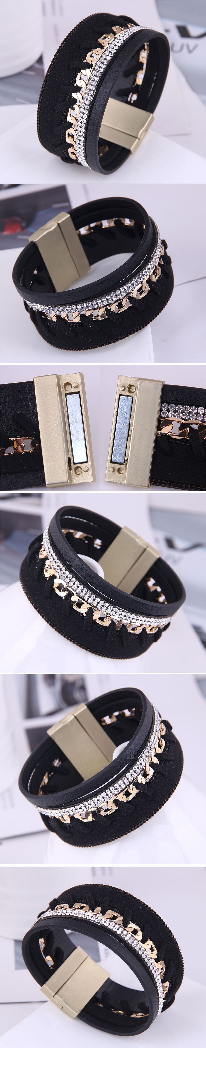 Bracelet De Tempérament Ultra-large En Cuir Clouté De Diamants Simples À La Mode Européenne Et Américaine display picture 1