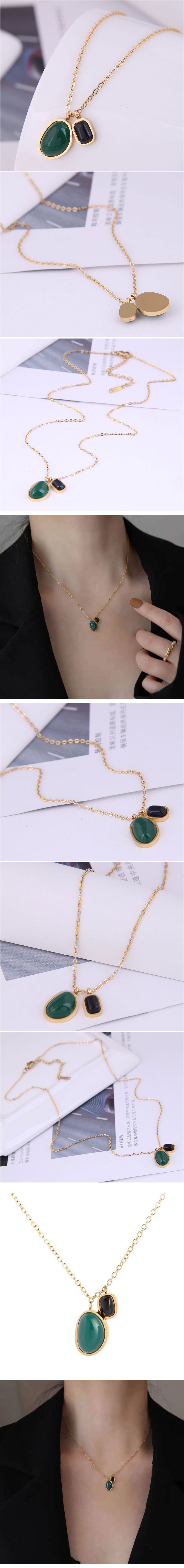 Simple Green Gemstone Pendant Titanium Steel Necklace Wholesale display picture 1
