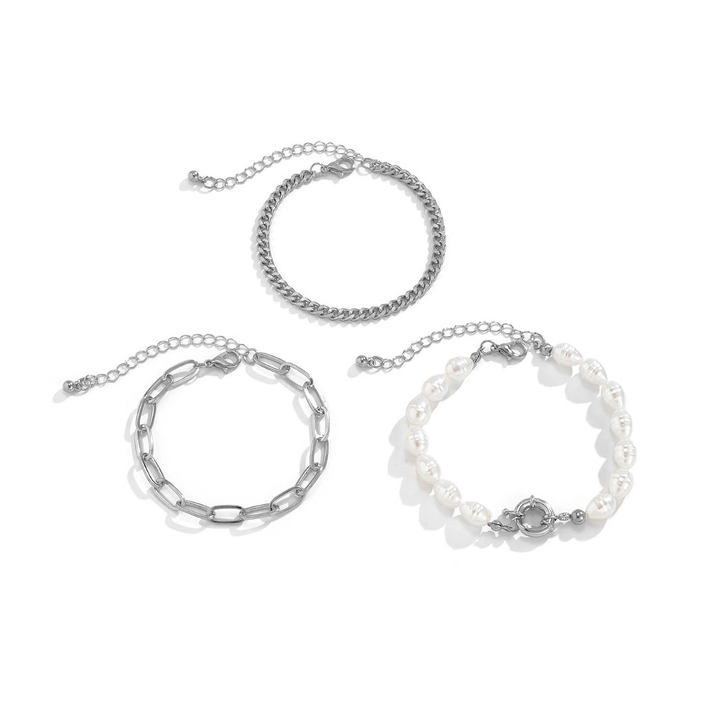 Retro Barock Imitation Perlen Set Stapelarmband Metall Hohlkette Trend Multilayer Armband display picture 5