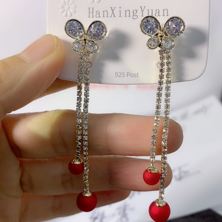 Fashion Butterfly Shaped Long Tassel Inlaid Zircon Alloy Earrings Wholesale display picture 1