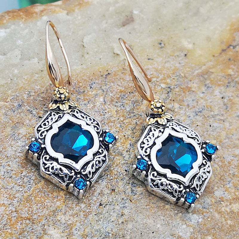 Retro Blue Crystal European Engraved Earrings Drop Earring display picture 1