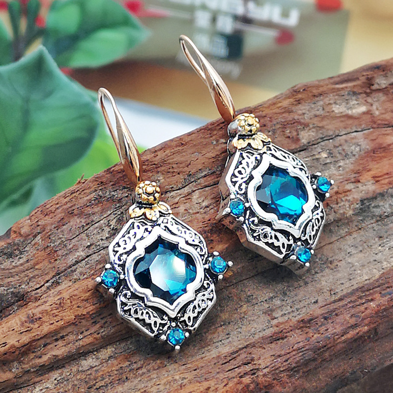 Retro Blue Crystal European Engraved Earrings Drop Earring display picture 2