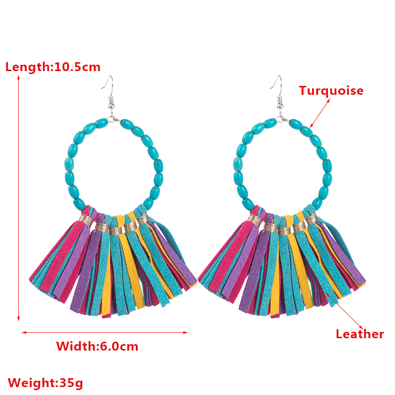 Boho Exaggerated Turquoise Leather Tassel Earrings display picture 1