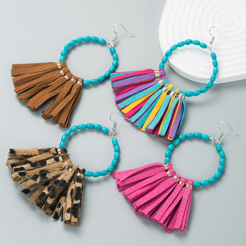 Boho Exaggerated Turquoise Leather Tassel Earrings display picture 2