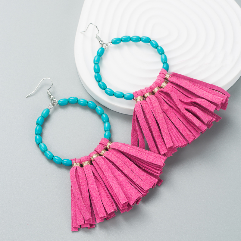 Boho Exaggerated Turquoise Leather Tassel Earrings display picture 6