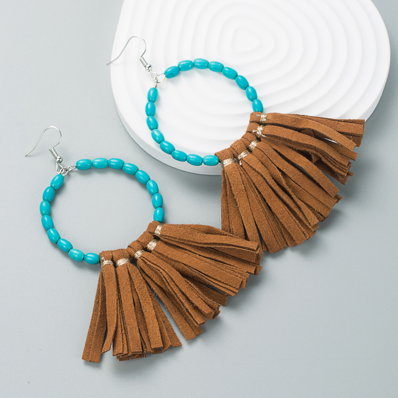 Boho Exaggerated Turquoise Leather Tassel Earrings display picture 7