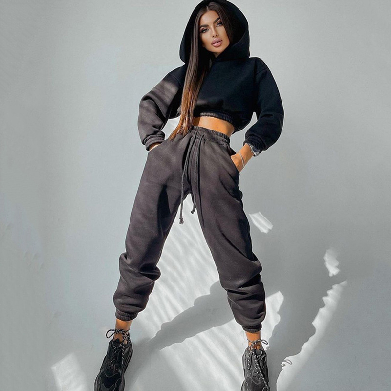 New Autumn And Winter Fashion Hooded Long-sleeved Tops Slim Lace-up Pants Suit display picture 3