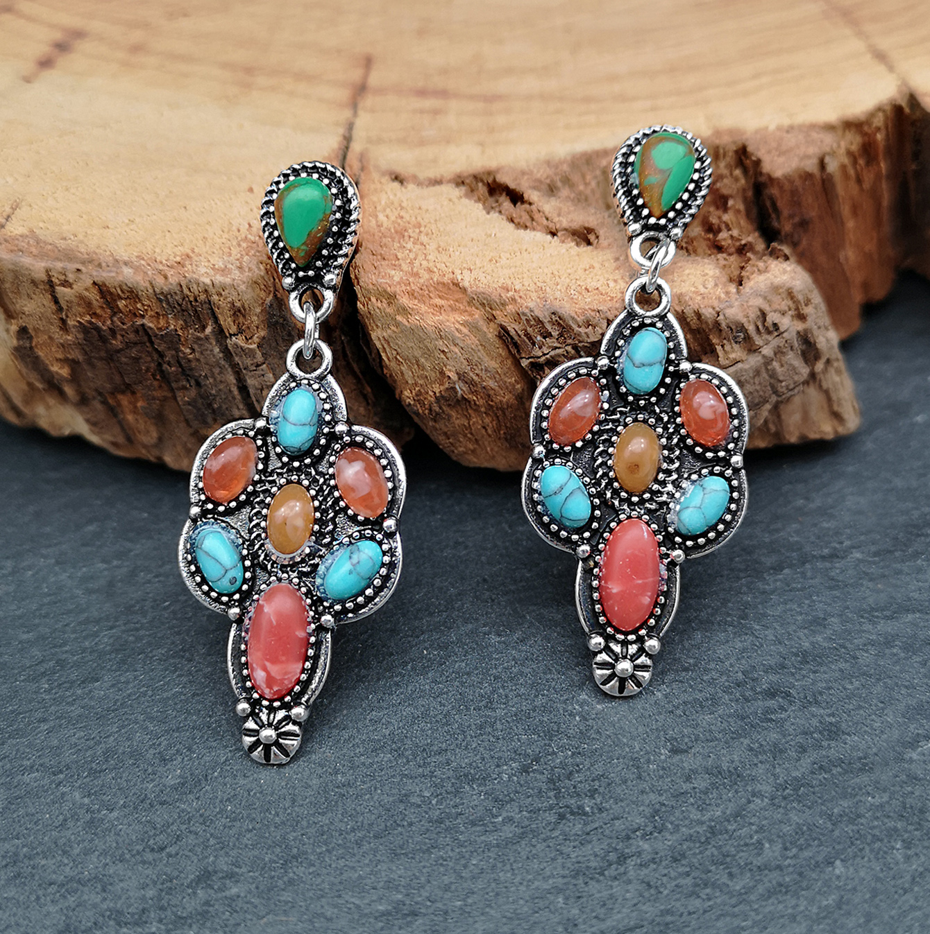 Fashion Luxury Red Agate Turquoise Mixed Color Gemstone Earrings Wholesale display picture 2