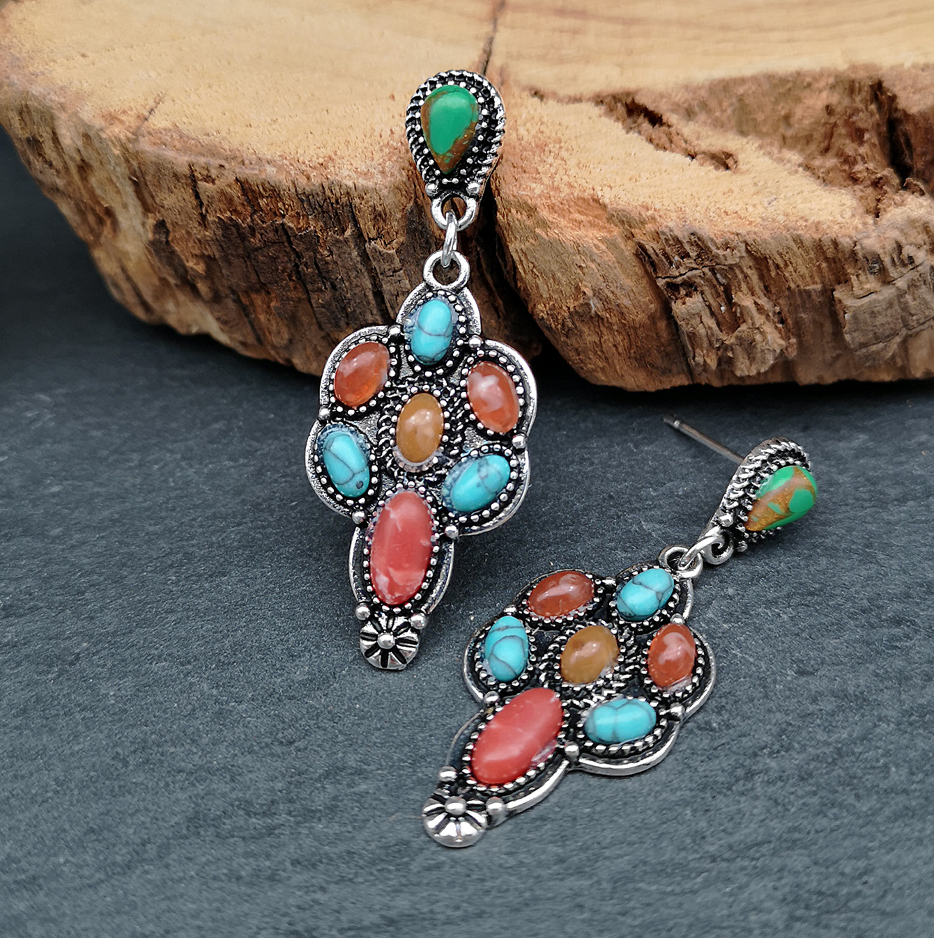 Fashion Luxury Red Agate Turquoise Mixed Color Gemstone Earrings Wholesale display picture 4