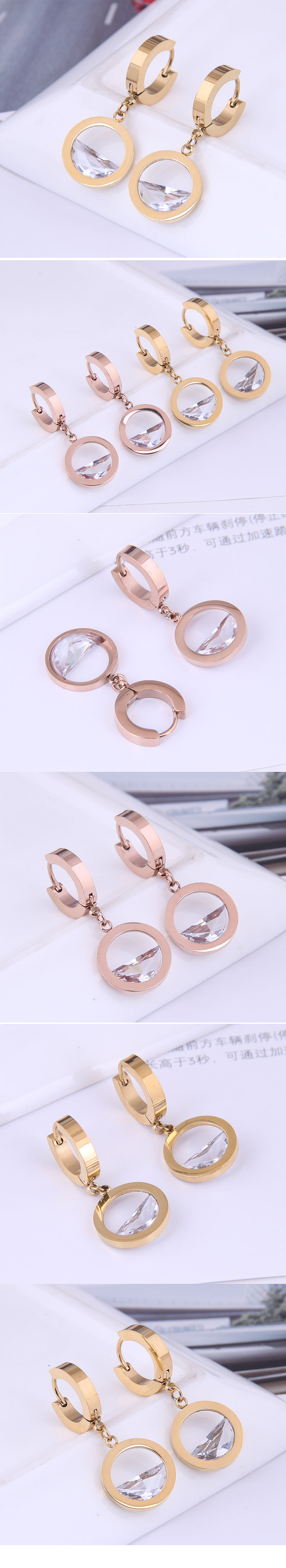 Korean Fashion Sweet Titanium Steel Concise Circle Zircon Earrings display picture 1