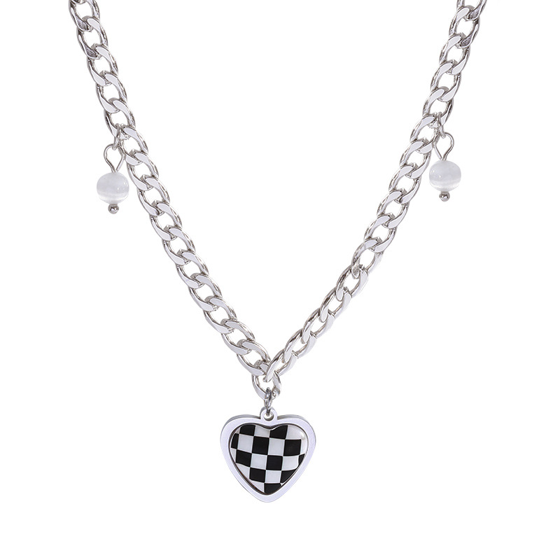 Fashion Checkerboard Heart Pendent Necklace Female Simple Titanium Steel Sweater Chain display picture 5