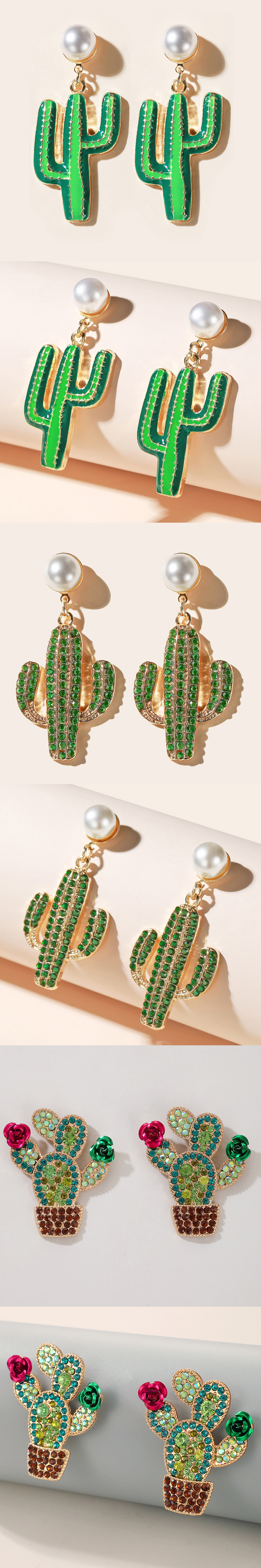Simple Forest Pearl Earrings Wild  Temperament Green Cactus Earrings display picture 3