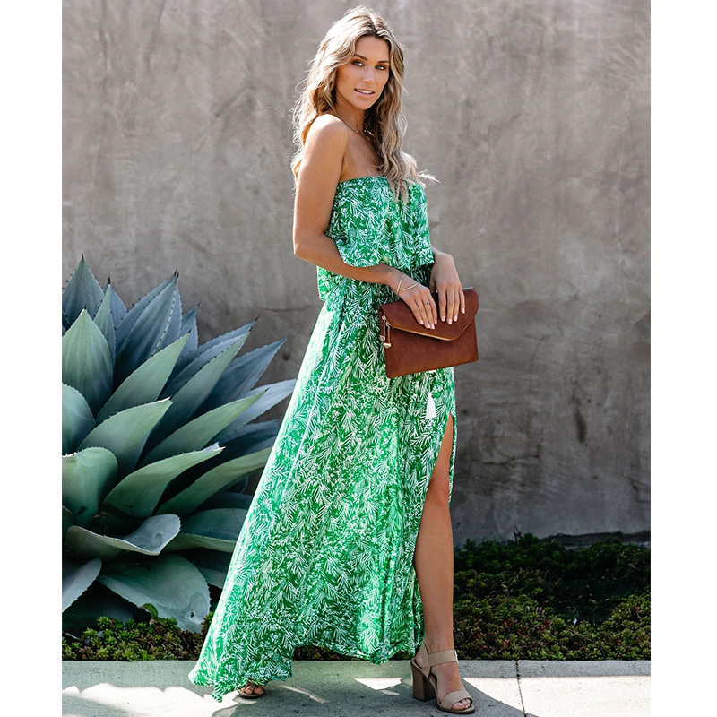 Summer New Leaf Print Off-shoulder Ruffled Dress display picture 2