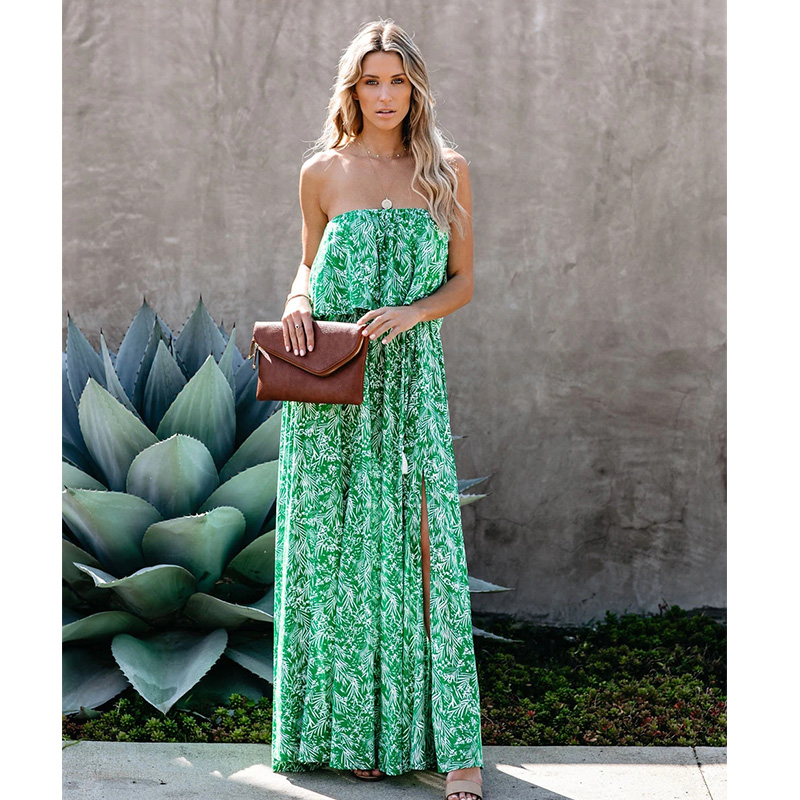 Summer New Leaf Print Off-shoulder Ruffled Dress display picture 3