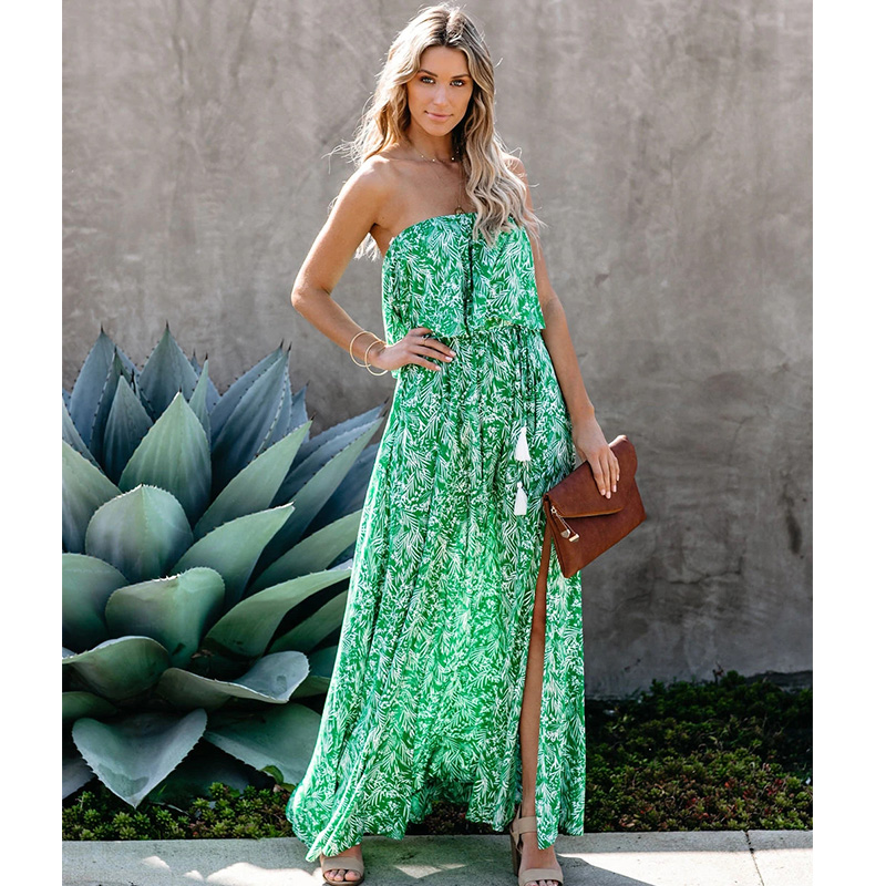 Summer New Leaf Print Off-shoulder Ruffled Dress display picture 7