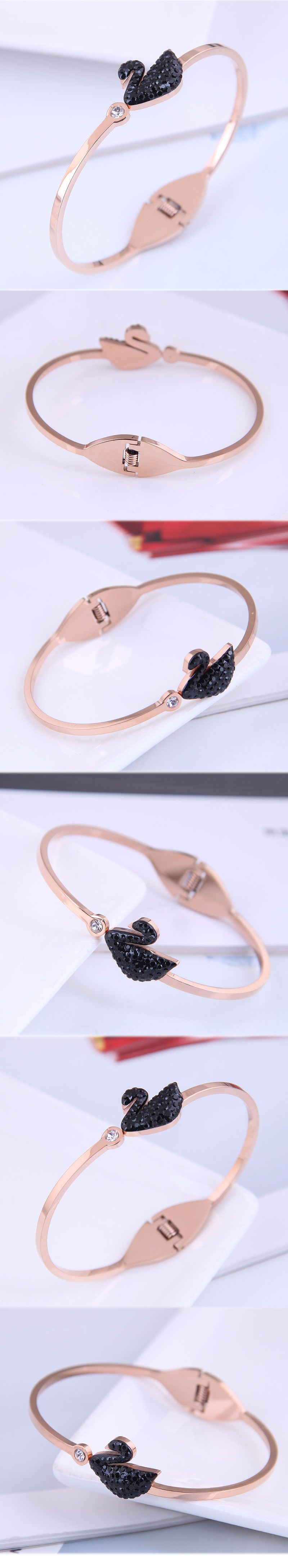 Korean Fashion Rose Gold Titanium Steel Black Swan Bracelet display picture 1