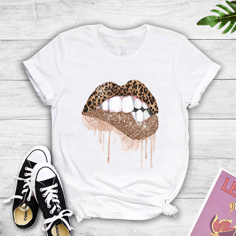 Sexy Leopard Print Lips Print Casual T-shirt display picture 1
