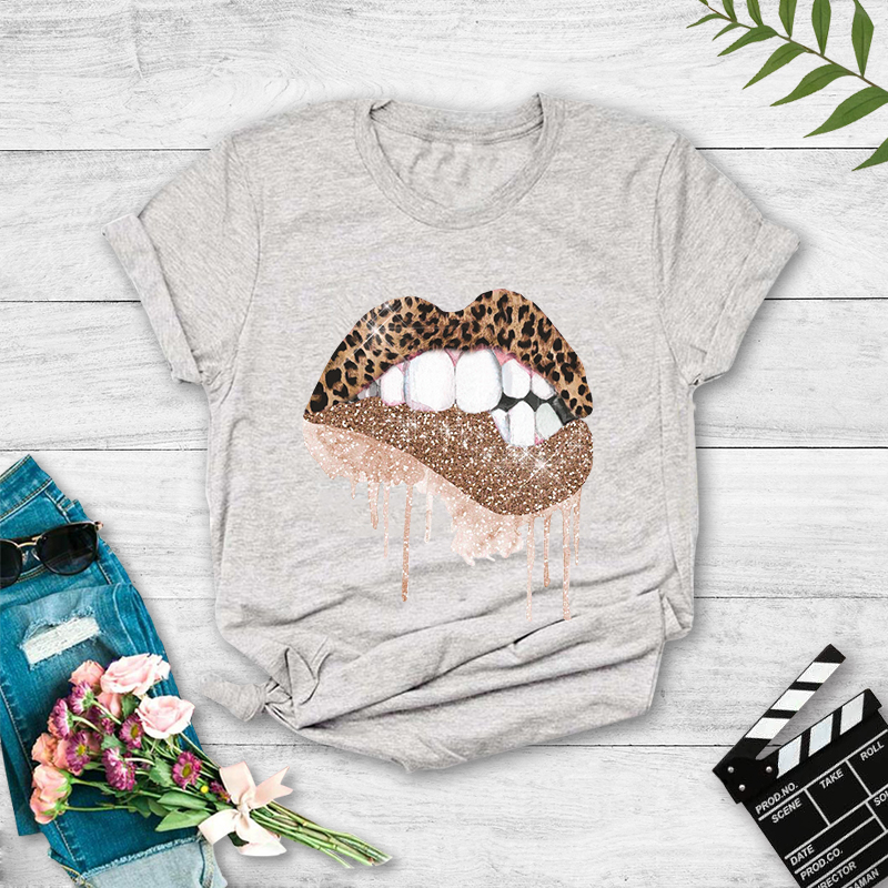 Sexy Leopard Print Lips Print Casual T-shirt display picture 2