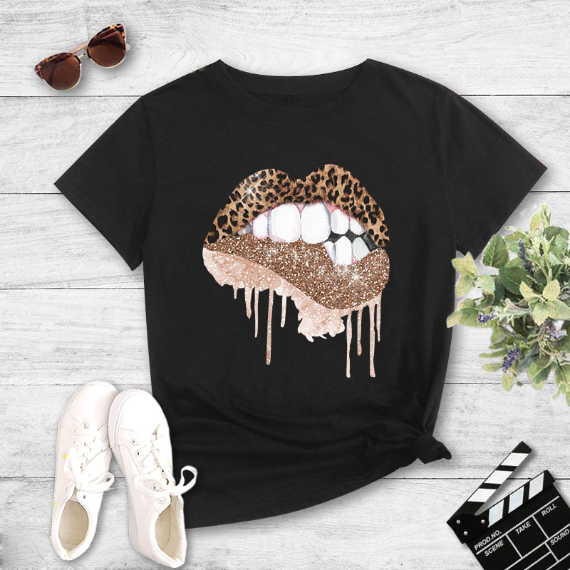 Sexy Leopard Print Lips Print Casual T-shirt display picture 3