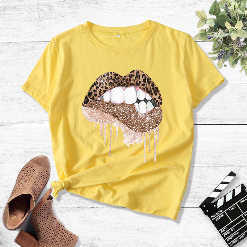Sexy Leopard Print Lips Print Casual T-shirt display picture 5