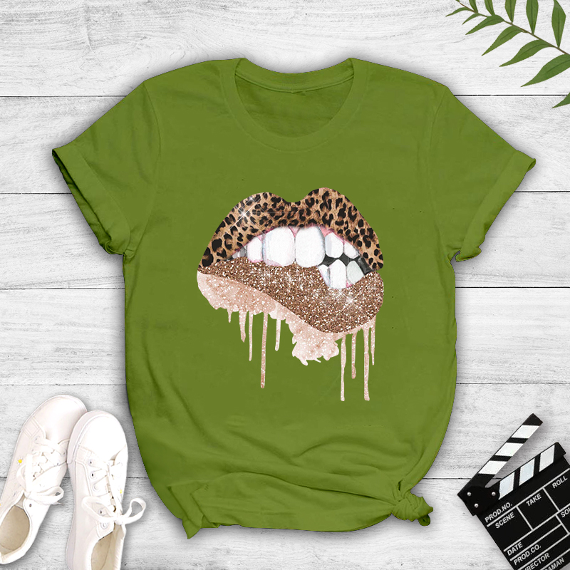 Sexy Leopard Print Lips Print Casual T-shirt display picture 6