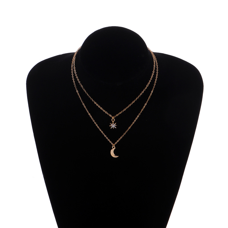 Simple Crescent Full Diamond Star Necklace display picture 5