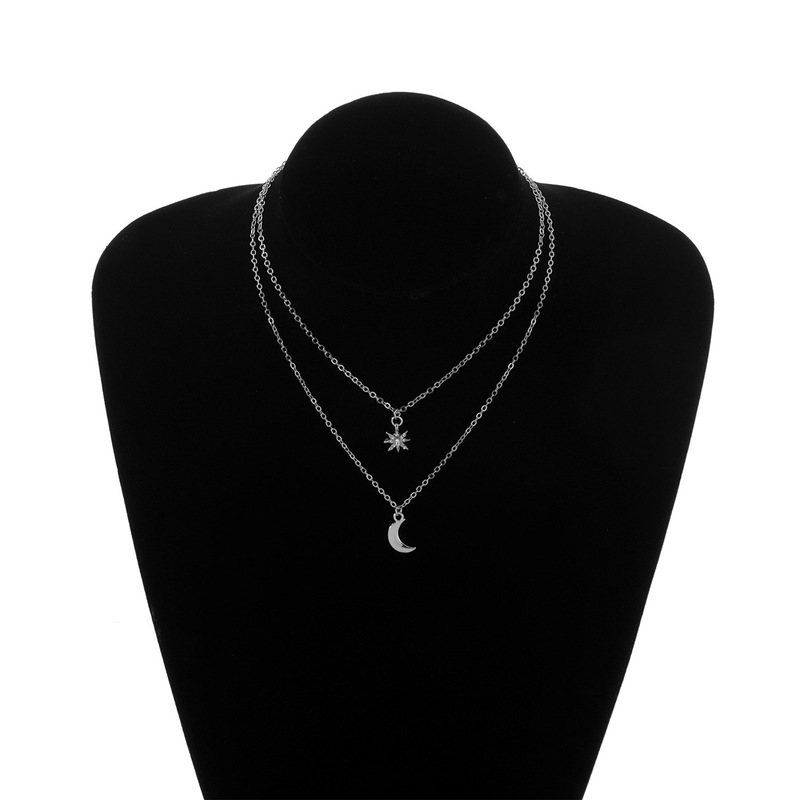 Simple Crescent Full Diamond Star Necklace display picture 6