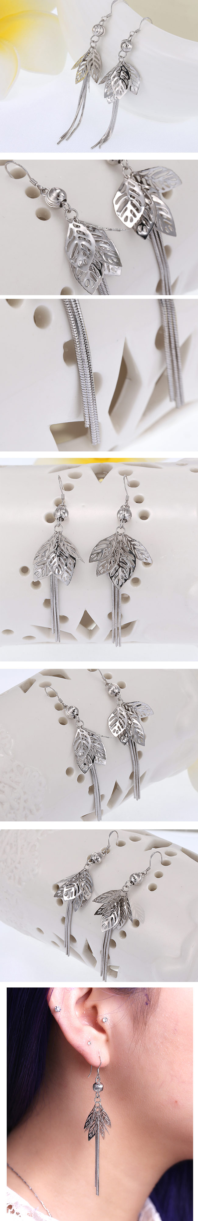 Fashion Copper Plated Platinum Hollow Leaf Tassel Earrings display picture 1