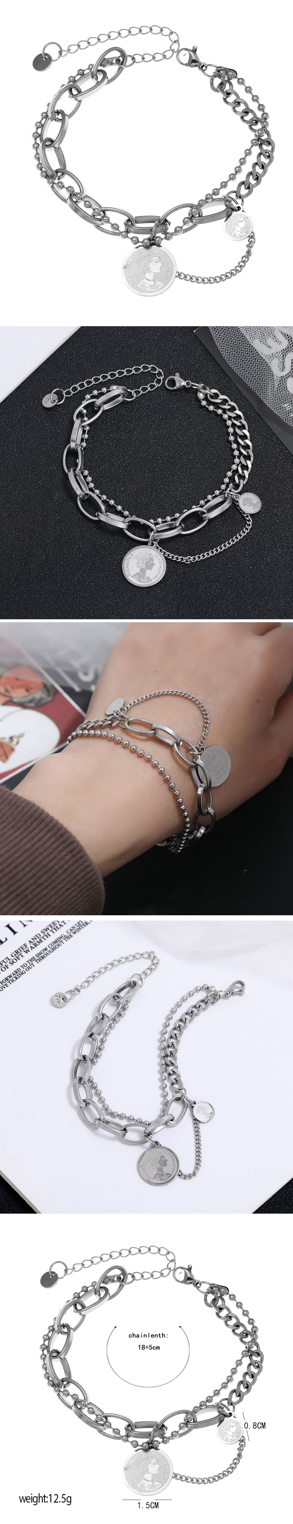 Korean Fashion Simple Stainless Steel Coin Pendant Bracelet display picture 1