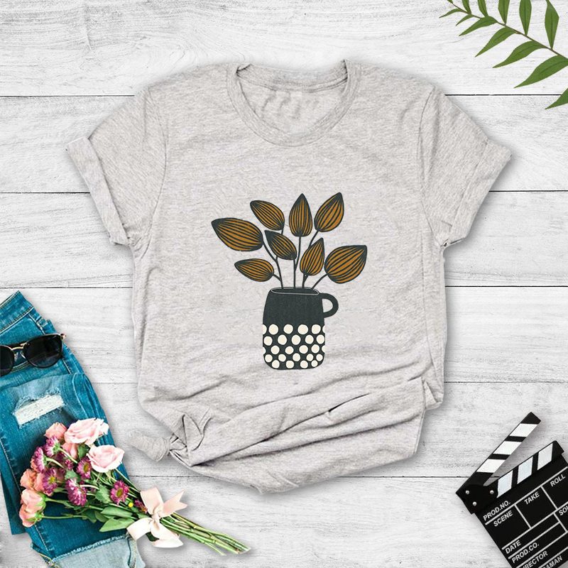 Teacup Flower Potted Print Casual T-shirt display picture 2