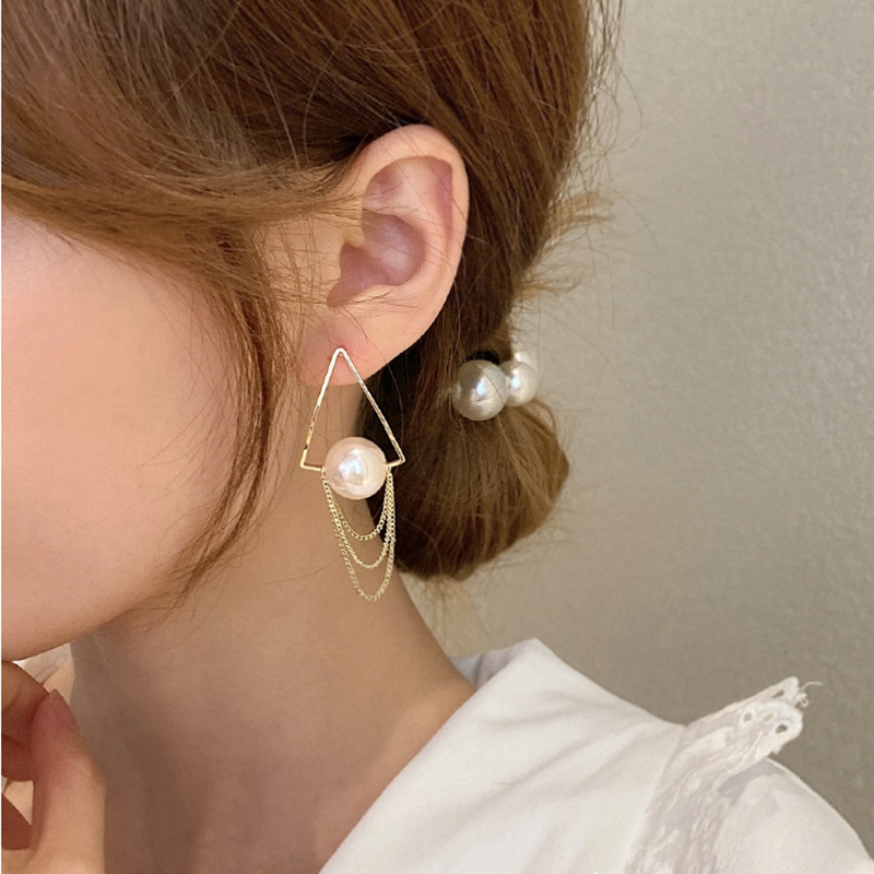 Boucles D&#39;oreilles Géométriques Triangle Pompon Perles De Corée display picture 2