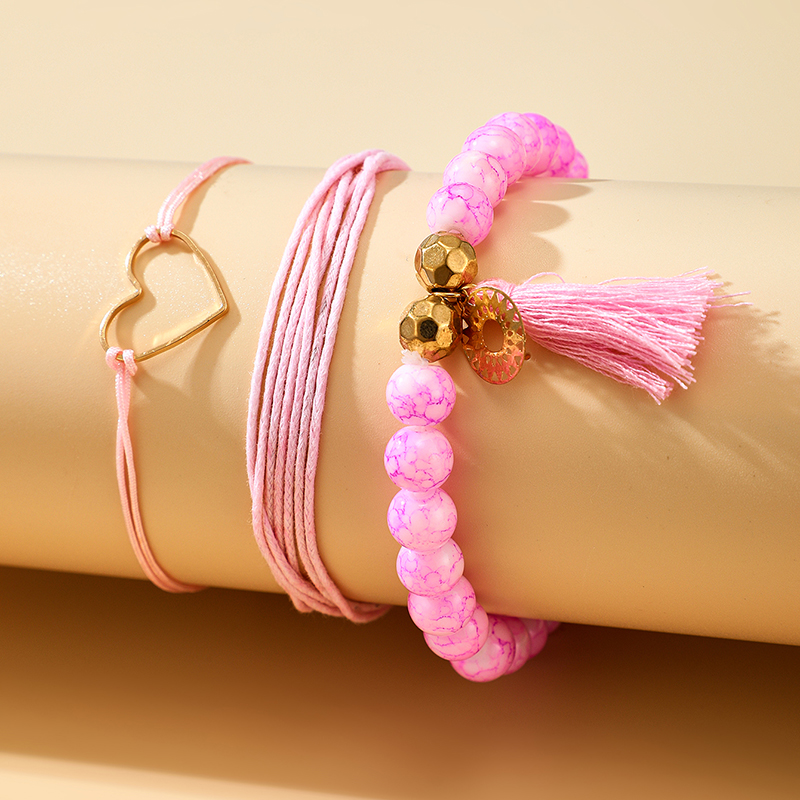 Ensemble De 3 Bracelets Rose Tissé À La Main Avec Motif D&#39;amour Et Perles display picture 1