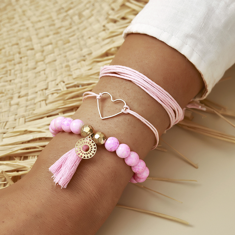 Hand-woven Pink String Beaded Love Pattern 3-piece Bracelet Set display picture 3