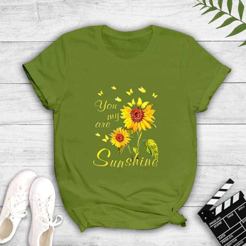 Camiseta De Cuello Redondo Con Estampado De Girasol Y Mariposa Dorada display picture 2