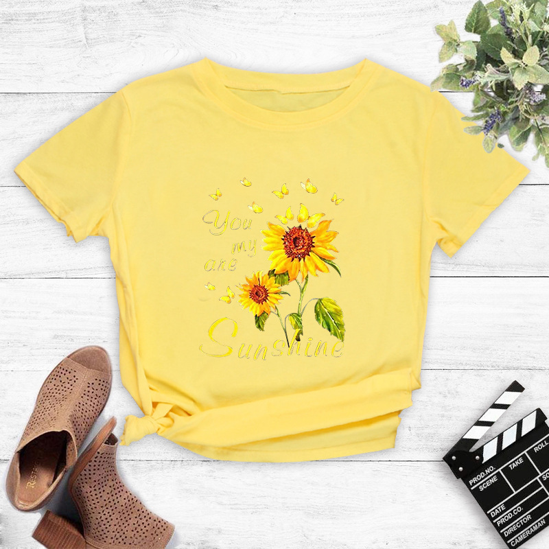 Round Neck Golden Butterfly Sunflower T-shirt display picture 6