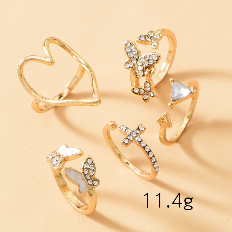 Cross Triangle Love Heart Hollow Rhinestone Drop Oil Butterfly Ring Set display picture 2