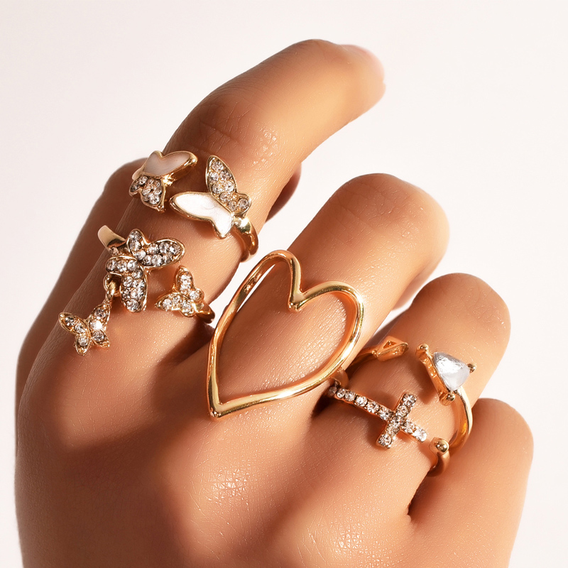 Cross Triangle Love Heart Hollow Rhinestone Drop Oil Butterfly Ring Set display picture 4