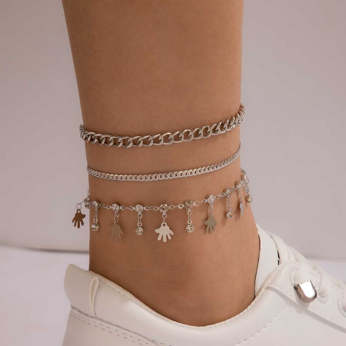 Fashion Palm Pendant Rhinestone Chain Anklet Set display picture 4
