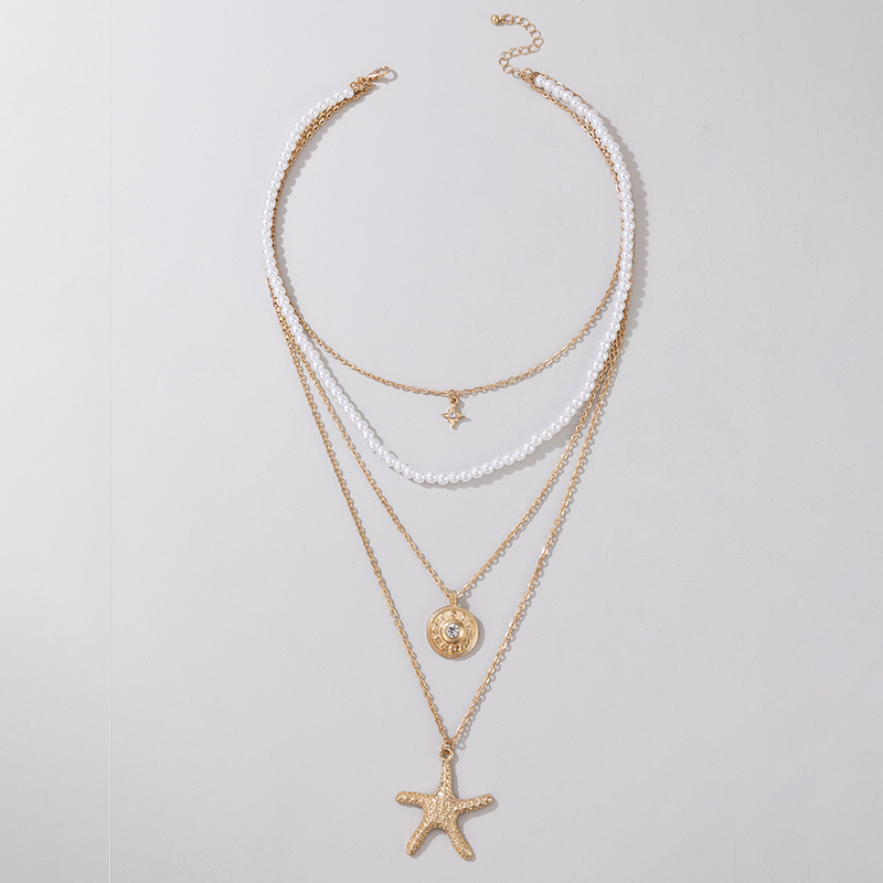 Simple Starfish Pearl Alloy Diamond 4-layer Pendant Necklace display picture 1