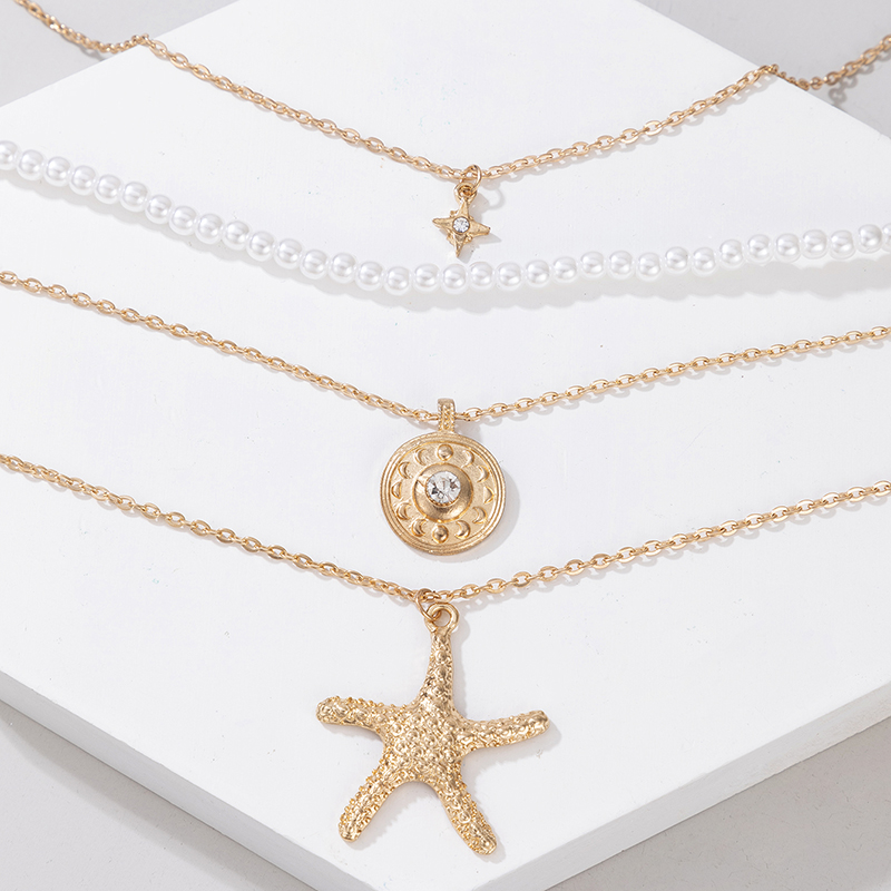 Simple Starfish Pearl Alloy Diamond 4-layer Pendant Necklace display picture 3